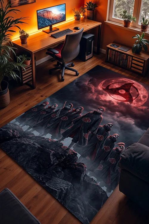 Naruto Akatsuki Üyeleri ve Kırmızı Dolunay Desenli Dekoratif Halı